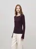 Camiseta Básica de Manga Longa com Gola Redonda Reta para Ombro Estilo Coreano para Mulheres Outono Camada Interna Modeladora do Corpo Top Base Chique