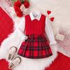 Conjunto de Roupa de Primavera e Outono para Meninas: Camisa, Colete, Saia Xadrez Conjunto de Três Peças, Vermelho, Exclusivo para Crianças Pequenas, Novo Modelo 2026