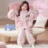 Pijama de lã coral de inverno para meninas, novo estilo outono, gola alta, conjunto de loungewear com zíper para estudantes do ensino fundamental e crianças