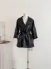 Jaqueta Externa de Couro PU de Renda com Cadarço de Comprimento Médio, Cool e Sexy, para Mulheres, Jaqueta Corta-Vento Preta Estilo Comuter Top