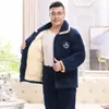 Pijama para Hombre Otoño e Invierno Tres Capas Engrosado Forrado de Felpa Coral Fleece Acolchado Traje Cálido para Padre de Mediana Edad y Anciano Ropa de Casa