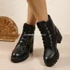 Botas de Montaña Negras con Cordones para Mujer de Estilo Europeo y Americano, Nueva Temporada, Comercio Exterior Transfronterizo, Tacón Grueso, Punta Redonda, Tallas Grandes al por Mayor, Tallas Grandes