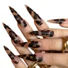 Estilo Chica Caliente Flor en Relieve con Pedrería 24 Piezas Uñas Postizas Puntiagudas Largas Francesas Chapadas en Oro Uñas Postizas Venta al por Mayor