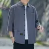 Camisa de algodão de sete mangas para primavera e outono masculina casual estilo Hong Kong casaco solto de trabalho algodão masculino atacado