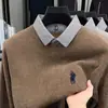 Suéter polo masculino de duas peças espesso com pele sintética de vison, camisa base de malha quente com forro de fleece de inverno, atacado transfronteiriço