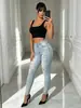 Jeans skinny stretch azul claro de cintura alta, direto da fábrica, com grandes rasgos, mesmo estilo de influenciador popular, design básico rasgado moderno