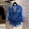 Camisa de mujer con cuello, estilo elegante y casual, nuevo diseño primavera-verano, entallada a la cintura, adelgazante, elegante y versátil, top protector solar