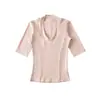 Estilo Deseo Puro Cuello en V Profundo Ajustado Manga Corta Primavera/Verano 2026 Nuevo Versátil Manga Media Ceñidor de Cintura Adelgazante Camiseta Top para Mujer