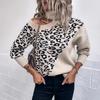 Suéter Feminino de Manga Longa com Estampa de Leopardo para Primavera, Top de Tricô Ombro a Ombro Exportação Amazon, Estilo Biker Versátil de Caimento Solto