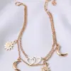 Tobillera Doble Capa Corazón Sol Luna Estilo Transfronterizo Europeo y Americano para Mujer, Joyería de Pie de Aleación para Vacaciones en la Playa, Modelo Más Vendido Transfronterizo
