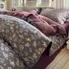 Conjunto de cama de quatro peças estilo vintage com botões, feito de algodão puro grosso e linho com estampa floral, conjunto de três peças para estudante com capa de edredom e lençol de cama
