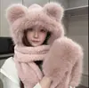 Conjunto Completo de Inverno Feminino Fofo de Urso: Luvas, Cachecol e Gorro de Pelúcia, Puxador à Prova de Frio para Ciclismo, Gorro de Tricô Quente