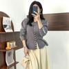 Suéter de Tricô Manga Longa Cor Sólida Gola V com Botões de Pérola de Fileira Única, Barra com Babados, Slim Fit, Estilo Francês, Preguiçoso