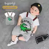 Macacão de Verão para Bebês Meninos Meninas Lindo Crocodilo de Desenho Animado Manga Curta Alças Falsas Macacão Estiloso para Bebês Manga Curta Tendência