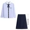 Conjunto de uniforme JK azul de estilo colegial de manga corta, apto tanto para niños como para niñas, uniforme de preparatoria, uniforme de clase, camisa, falda plisada, atuendo para actuación de graduación