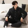 Pijama Masculino Veludo Coral Espessado Forrado com Lã Acolchoado Flanela Manga Longa Calça Conjunto Quente de Inverno para Casa para Homens