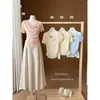Liquidación, sin devoluciones ni cambios. Blusa de verano estilo francés, suave y elegante, de dos piezas falsas, hombros descubiertos, con ribete de encaje, manga corta 16238