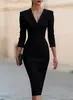 2026 Nuevo Vestido Traje de Estilo Europeo y Americano Cuello en V Manga Siete Cintura Ceñida Ajustado al Cuerpo Ceñido a la Cadera Longitud Media Vestido Formal