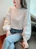 Camisa blanca holgada de estilo francés con mangas abullonadas para mujer, elegante, chic, diseño dulce, top de cuello redondo, estiliza y versátil