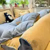 100% algodón ~ Sencillo y fresco juego de cuatro piezas de algodón a rayas amarillas, juego de tres piezas de ropa de cama de algodón lavado, funda de edredón y sábana bajera