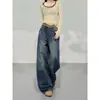 Jeans Scimitar Retro Americano para Mulheres, Tendência Outono e Inverno Versátil Novo Estilo Design Solto Calças de Pernas Largas