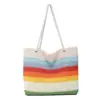 Bolso de Hombro de Moda para Mujer con Rayas Arcoíris y Contraste de Color, Bolso de Paja de Gran Capacidad para Vacaciones en la Playa