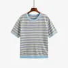 Suéter tejido a rayas vintage para mujer talla grande, colección otoño 2026, camiseta base color block de cuello redondo de corte holgado para mujer talla grande 25026