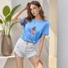 Amazon 2025 Novos Tops Casuais Europeus e Americanos Transfronteiriços Soltos Gola Redonda Camiseta com Estampa de Desenho de Menina Fofa para Mulheres