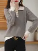 Top de Punto para Mujer con Cuello Polo de Tres Botones, Sencillo y Elegante, Corte Ajustado, Versátil para el Trabajo, Color Sólido, Transpirable, Top Casual