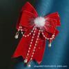 Grampo de Cabelo Estrela de Veludo com Laço Vermelho Grande Festivo e Tassel de Pom-Pom, Acessório de Cabelo para Mulheres, Adequado para Rabos de Cavalo Duplos, Não Danifica o Cabelo