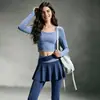Conjunto de Roupa de Yoga de Outono para Mulheres, Usável ao Ar Livre, Gola Quadrada, Manga Longa, Cintura Alta, Calça Saia com Bloco de Cores na Cintura, Conjunto de Duas Peças para Pilates e Fitness