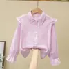 Camisa de Algodão Puro para Meninas, Jacquard Moderno Estilo Primavera e Outono, Manga Longa, Estilo Preppy, Camisa Infantil, Versátil para Crianças Maiores
