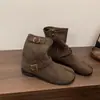 Chuyuji 2026 Outono/Inverno Novas Botas Western Cowboy Vintage Camurça de Pele de Porco Fivela de Cinto Salto Grosso Botas Curtas de Meio da Panturrilha