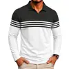 Ropa de otoño e invierno transfronteriza europea y americana para hombre, polo de manga larga para hombre con estampado de rayas y cuello desplegable, polo casual para hombre