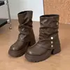 Botas de Pierna Ancha con Tacón Grueso y Plataforma Estilo Spicy Girl 2026 Moda Otoño/Invierno Nuevo Estilo Botines de Motocicleta Adelgazantes Botines de Media Caña Fruncidos