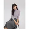 Top de punto amarillo de cuello medio alto para mujer, suéter de otoño e invierno