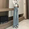 Jeans Wide Leg Azul Claro Feminino Outono Novo Retro Nostálgico Cor Contrastante Marca de Couro Lateral Bilateral Boca Larga Longo