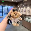 Vestido fofo estilo coreano com bolinhas e pingente de cachorrinho marrom, chaveiro de ursinho com laço xadrez para bolsa