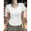 Algodão Puro Design Curto Senso de Estilo Ombro Direito Gola U Manga Curta Camiseta Feminina Verão Garota Quente Estilo Básico Versátil Slim Fit Cintura Marcada Top