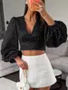 Nueva Camisa Sexy de Satén con Cuello en V Otoño e Invierno, Camisa Retro de Manga Larga con Lunares, Top Adelgazante con Cintura Marcada y Mangas de Farol