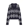 Cárdigan de punto juvenil estilo universitario con bloques de color y estampado de rombos, nuevo modelo de otoño, corte holgado, chaqueta suéter de un solo botón para mujer