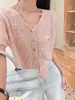 Camiseta de Tricô Fina com Botões Coloridos e Lantejoulas Estilo Coreano para Mulheres, Nova Moda Primavera/Verão Top Curto Tendência
