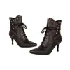 Novas botas de cavaleiro estilo europeu e americano com cadarços, botas da moda com tachas, botins de bico fino, botas sexy de salto alto, tamanhos 40-43, botas de exportação