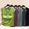 Top de Camiseta sin Mangas Fina de Modal para Mujer en Verano con Almohadillas en el Pecho, Chaleco de Cuello en V, Talla Grande, Adelgazante, Ropa de Casa sin Sujetador