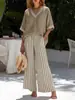 Nuevo Traje de Pantalón de Pierna Ancha a Rayas con Cuello en V Estilo Europeo/Americano para Mujer Conjunto de Dos Piezas Transfronterizo Verano Tacto de Alta Gama Lino de Imitación