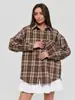 Moda Europea y Americana Transfronteriza Nuevo Estilo Amazon Holgada Versátil Camisa a Cuadros Chaqueta para Mujer con Cuello de Solapa Mangas Largas y Bolsillos