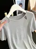 Top de punto calado con cuentas, nuevo de verano 2026, fino para mujer, estilo corto, cuello redondo calado, ajustado, elegante top de manga corta