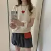 Moda estilo coreano top de malha jovem com formato de coração, gola redonda, manga curta, para primavera-verão, casual, macio, solto, versátil, modelador
