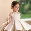 Atacado de Roupas Infantis: Vestido sem mangas na cor champanhe para meninas, saia bufante com laço, roupa para apresentação de aniversário infantil, vestido formal infantil