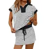 Conjunto de falda pantalón corta a rayas de manga corta con cordón, estilo europeo y americano para mujer, atuendo de moda de verano casual de dos piezas